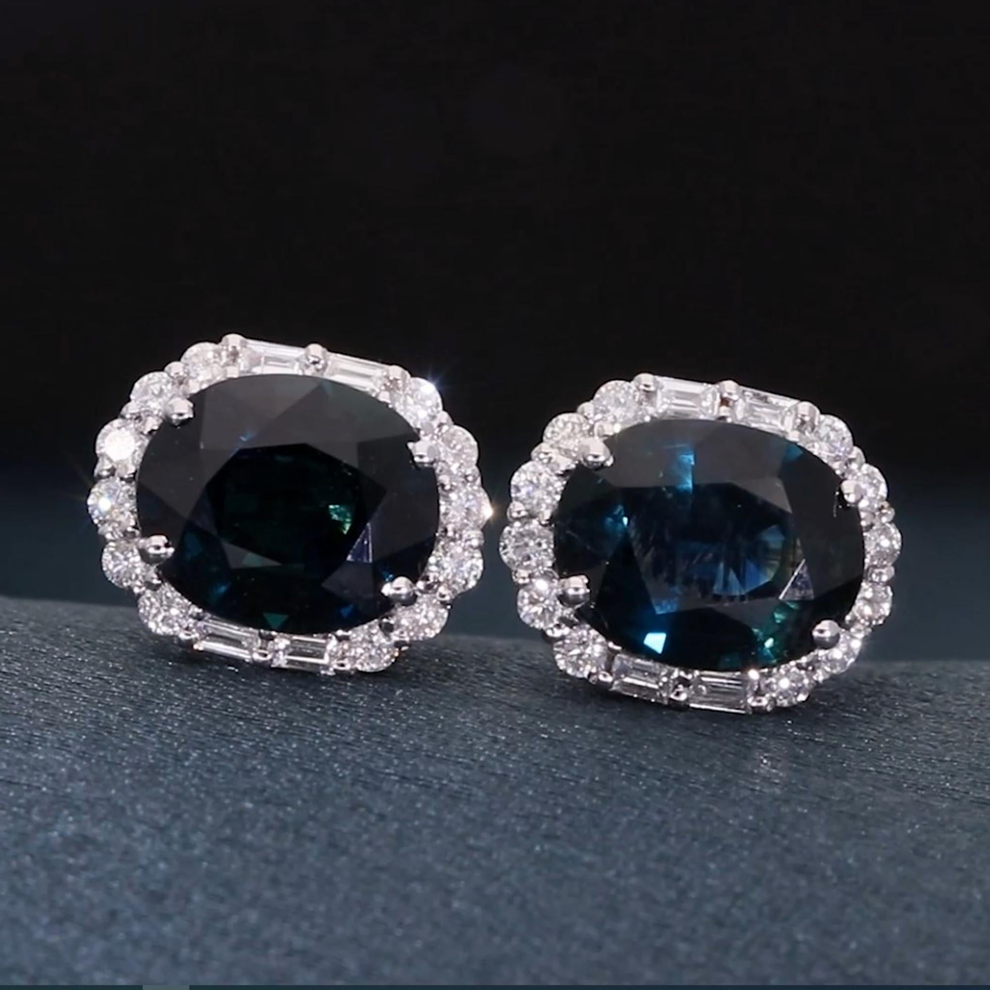 Oval Cut Blue Sapphire Gemstone Stud Earrings Baguette Diamond 18 Kt White Gold Jewelry For Sale