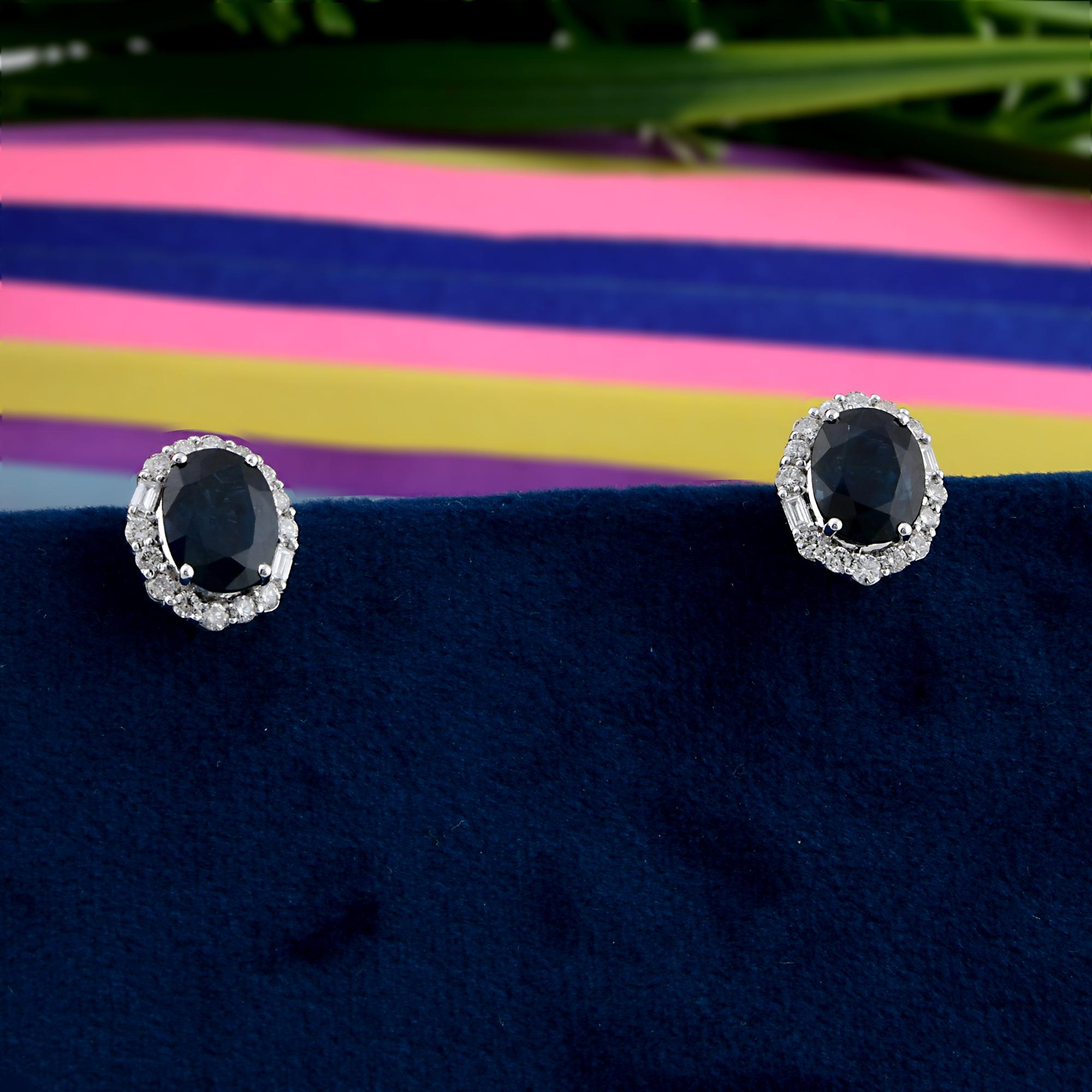 Modern Blue Sapphire Gemstone Stud Earrings Diamond 18 Karat White Gold Fine Jewelry For Sale