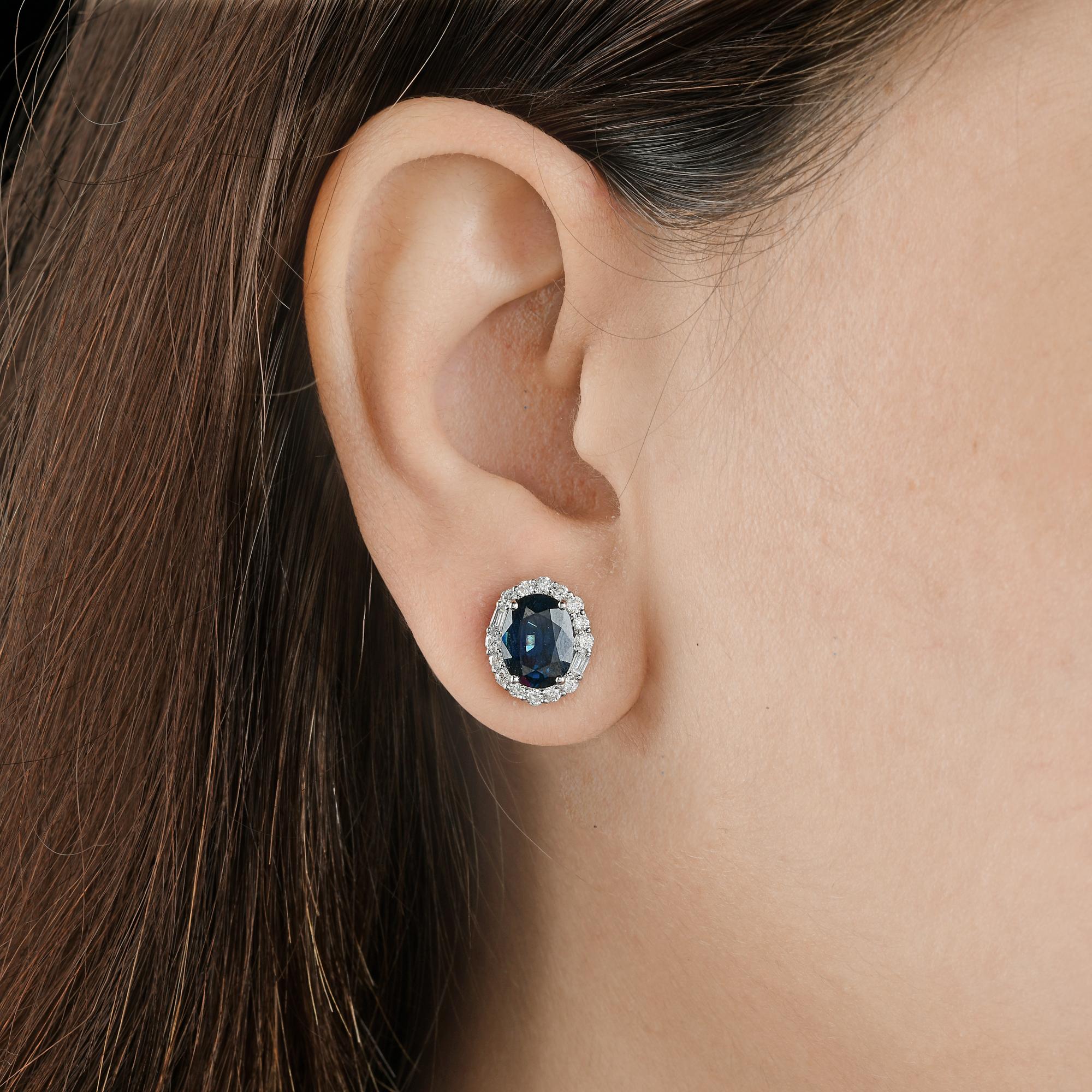 Oval Cut Blue Sapphire Gemstone Stud Earrings Diamond 18 Karat White Gold Fine Jewelry For Sale