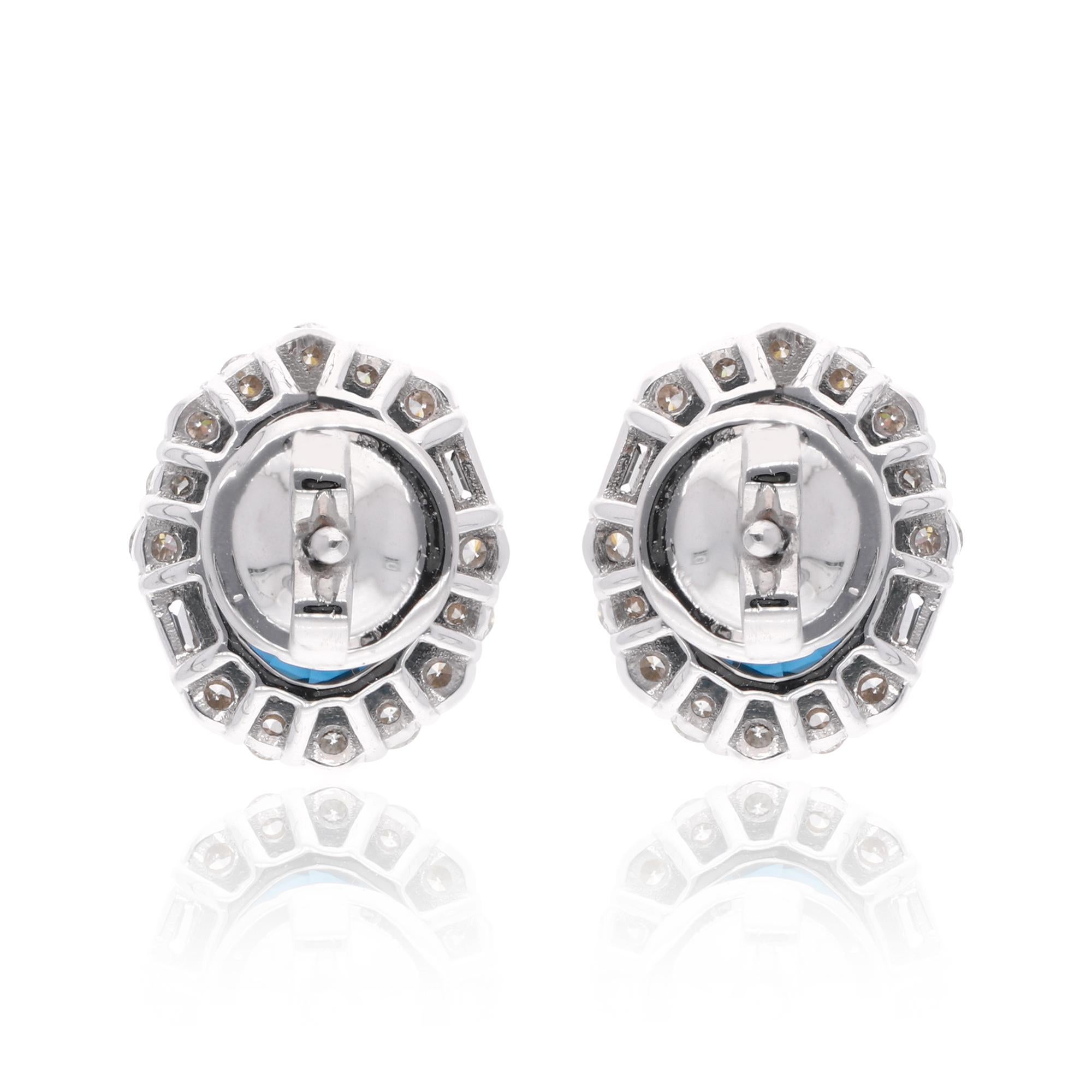 Women's Blue Sapphire Gemstone Stud Earrings Diamond 18 Karat White Gold Fine Jewelry For Sale