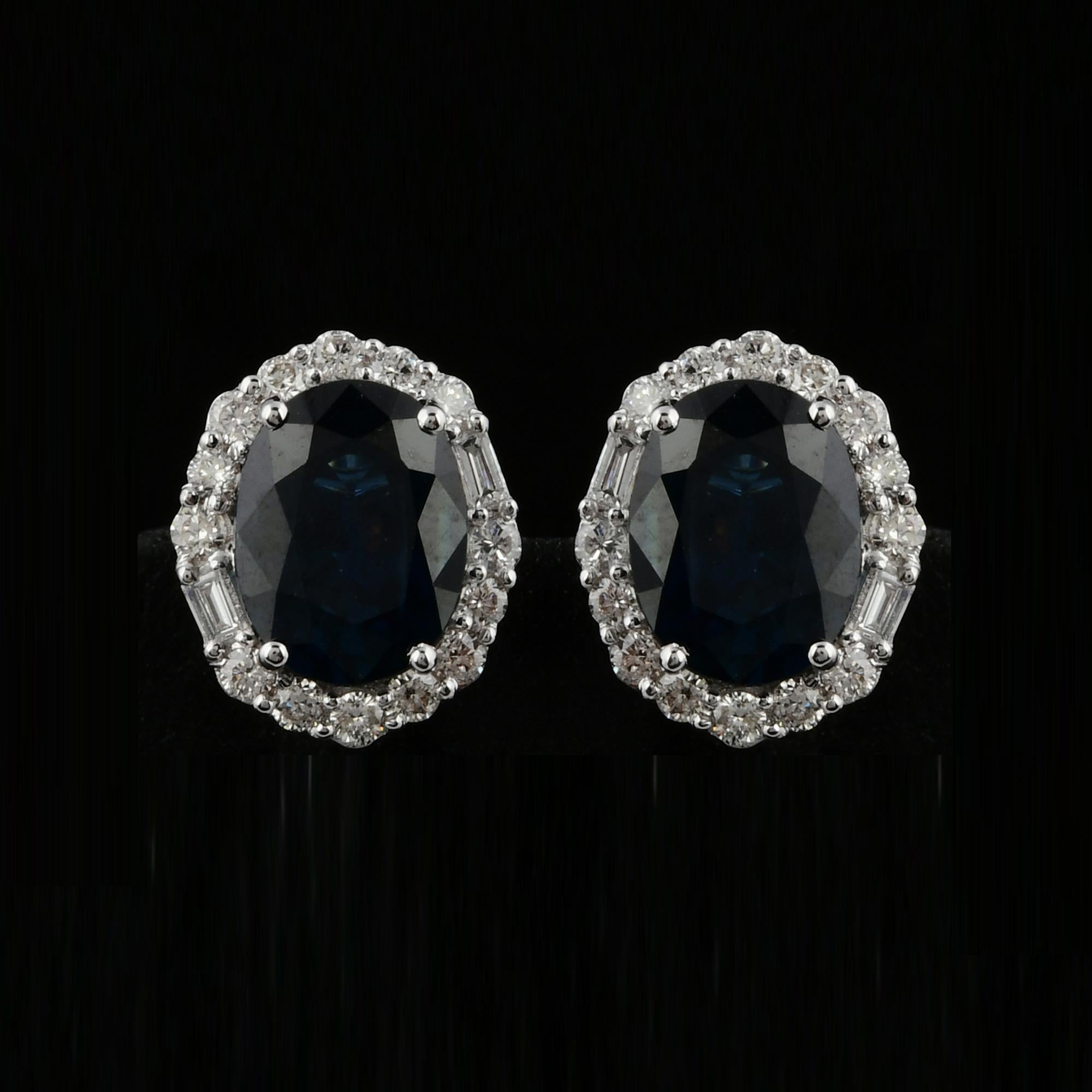 Blue Sapphire Gemstone Stud Earrings Diamond 18 Karat White Gold Fine Jewelry For Sale 1