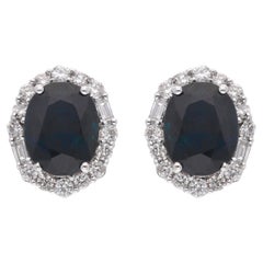 Blue Sapphire Gemstone Stud Earrings Diamond 18 Karat White Gold Fine Jewelry