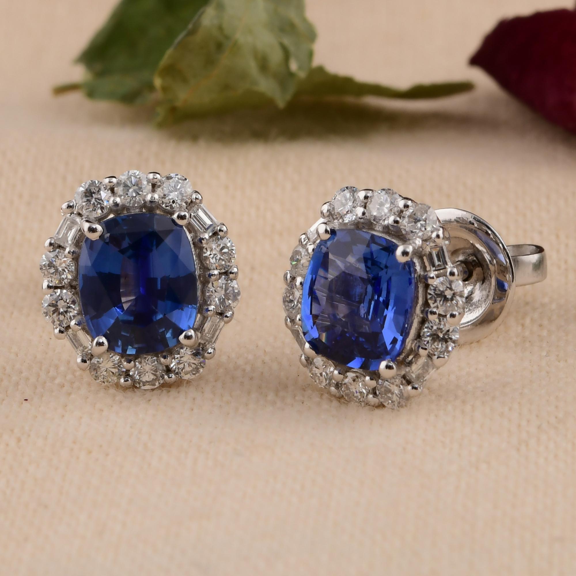 Modern Blue Sapphire Gemstone Stud Earrings SI/H Diamond 14 Karat White Gold Jewelry For Sale