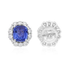 Blue Sapphire Gemstone Stud Earrings SI/H Diamond 18 Karat White Gold Jewelry