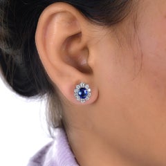 Blue Sapphire Gemstone Stud Earrings SI/H Diamond 18 Karat White Gold Jewelry