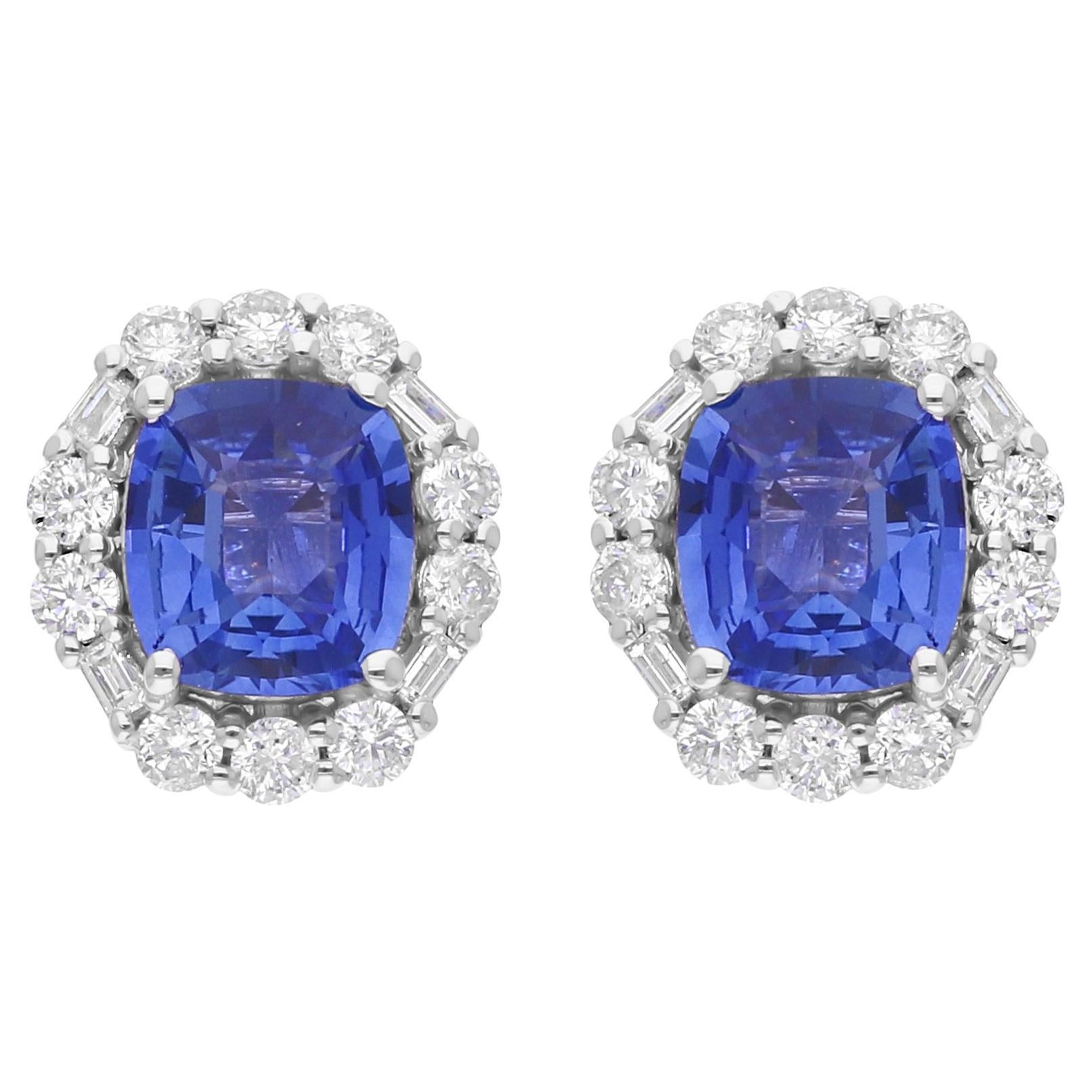 Pendientes de zafiro azul SI/H con diamante Joyas de oro blanco de 18 quilates