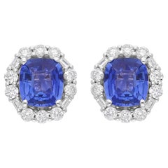 Blauer Saphir Edelstein Ohrstecker SI/H Diamant 18 Karat Weißgold Schmuck