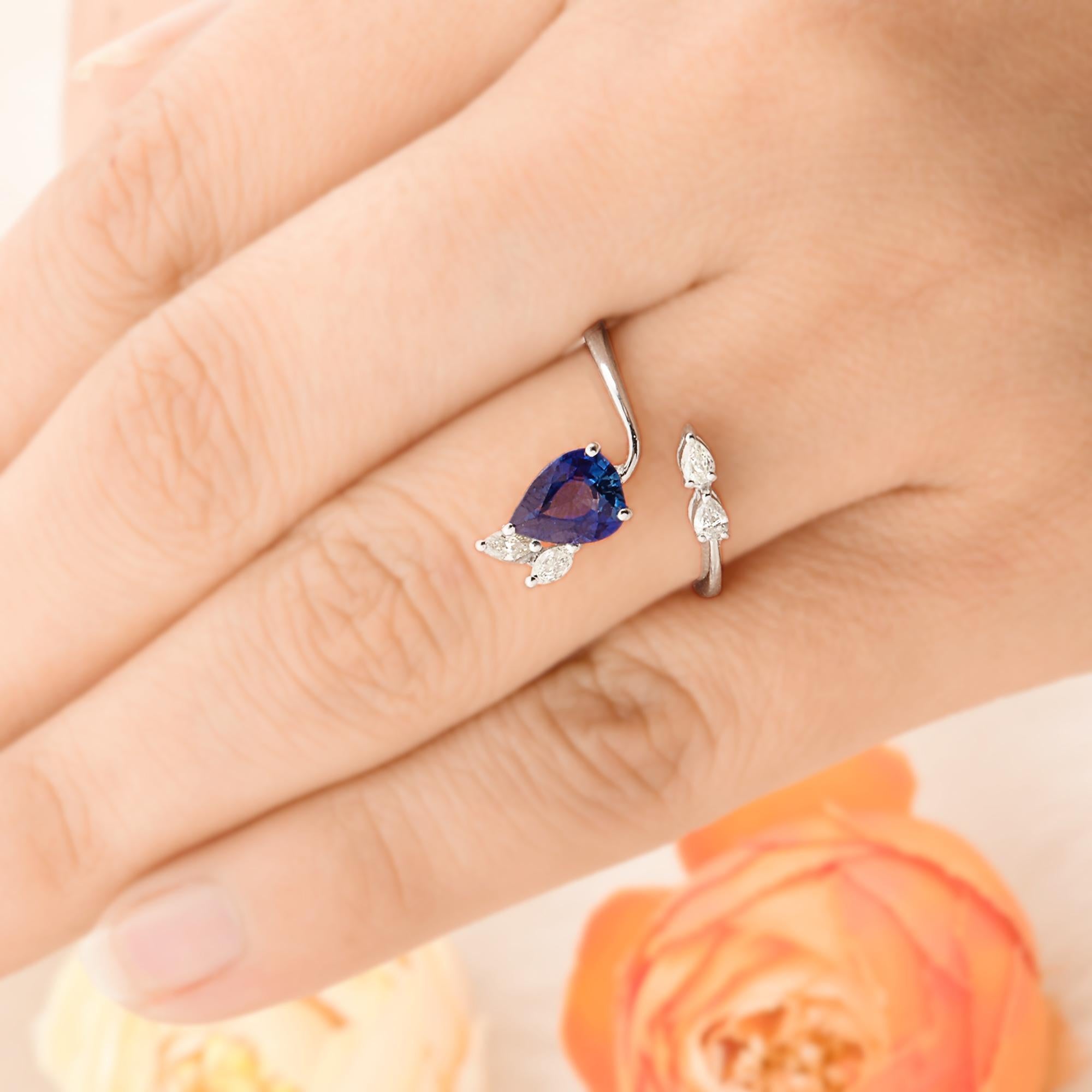 Modern Blue Sapphire Gemstone Wrap Cuff Fine Ring Marquise Pear Diamond 10K White Gold For Sale