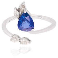 Blauer Saphir-Edelstein-Wickelring mit Marquise- birnenförmigem Diamanten, 10 Karat Weißgold