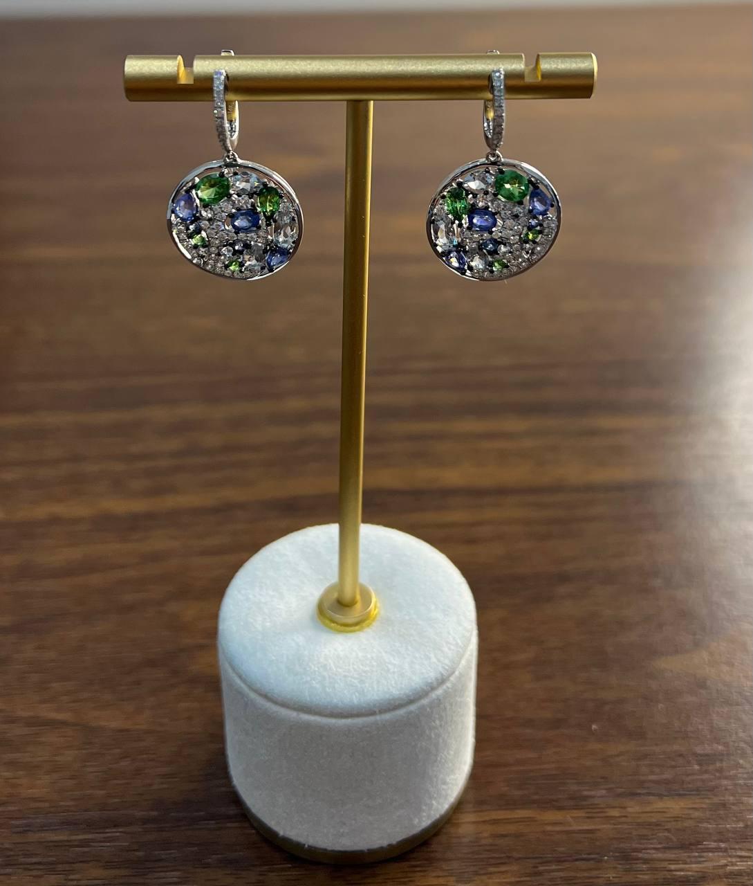 Blue Sapphire Green Emerald White Diamonds Planet Earth 14K White Gold Earrings For Sale 6