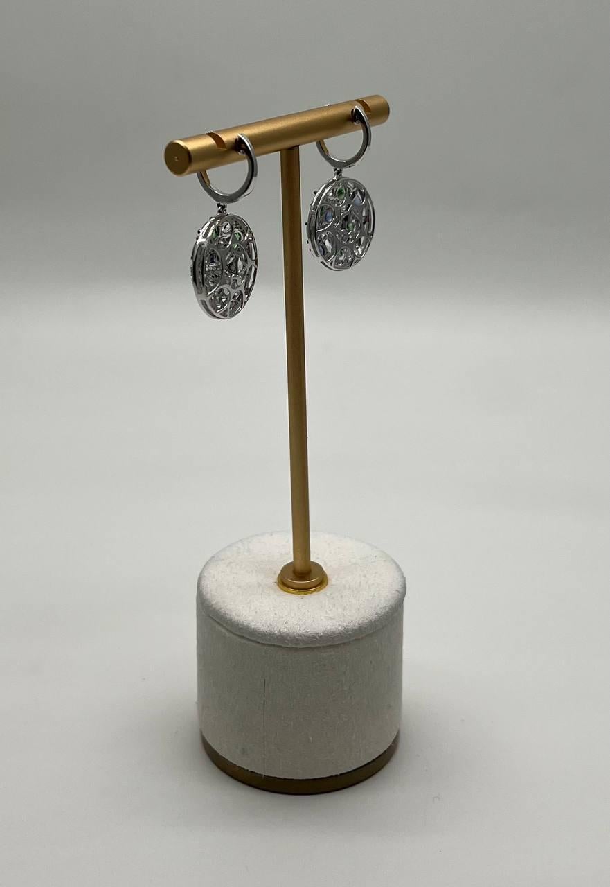 Blue Sapphire Green Emerald White Diamonds Planet Earth 14K White Gold Earrings For Sale 7