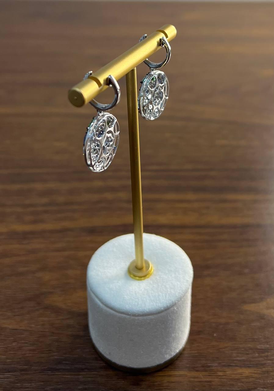Blue Sapphire Green Emerald White Diamonds Planet Earth 14K White Gold Earrings For Sale 8