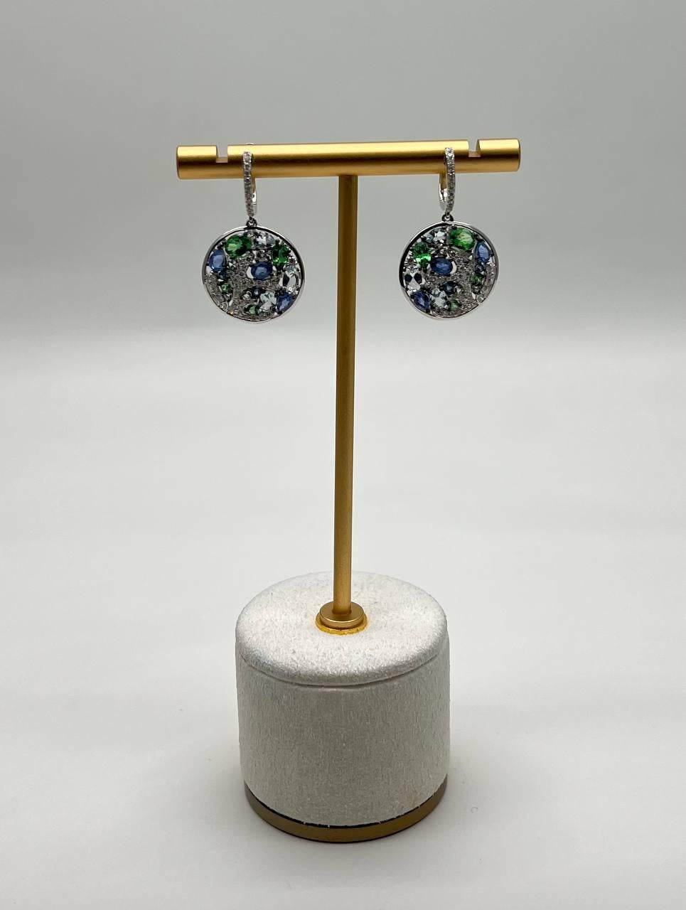 Mixed Cut Blue Sapphire Green Emerald White Diamonds Planet Earth 14K White Gold Earrings For Sale