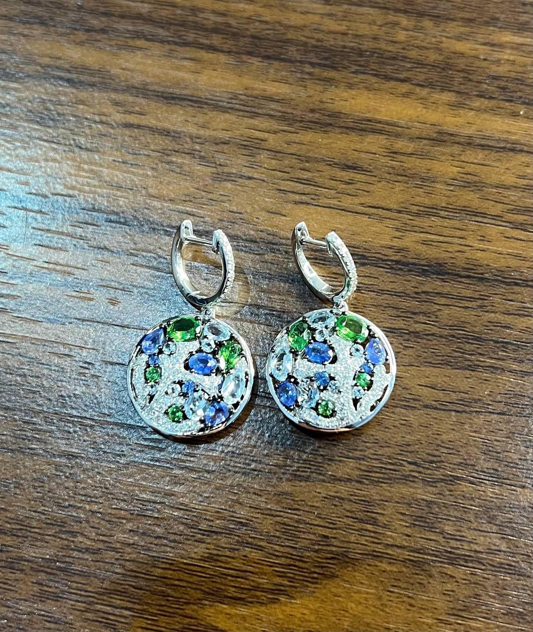Blue Sapphire Green Emerald White Diamonds Planet Earth 14K White Gold Earrings In New Condition For Sale In Oakton, VA