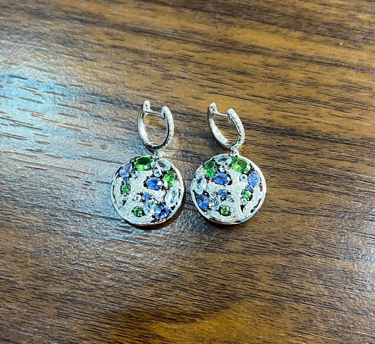 Women's Blue Sapphire Green Emerald White Diamonds Planet Earth 14K White Gold Earrings For Sale