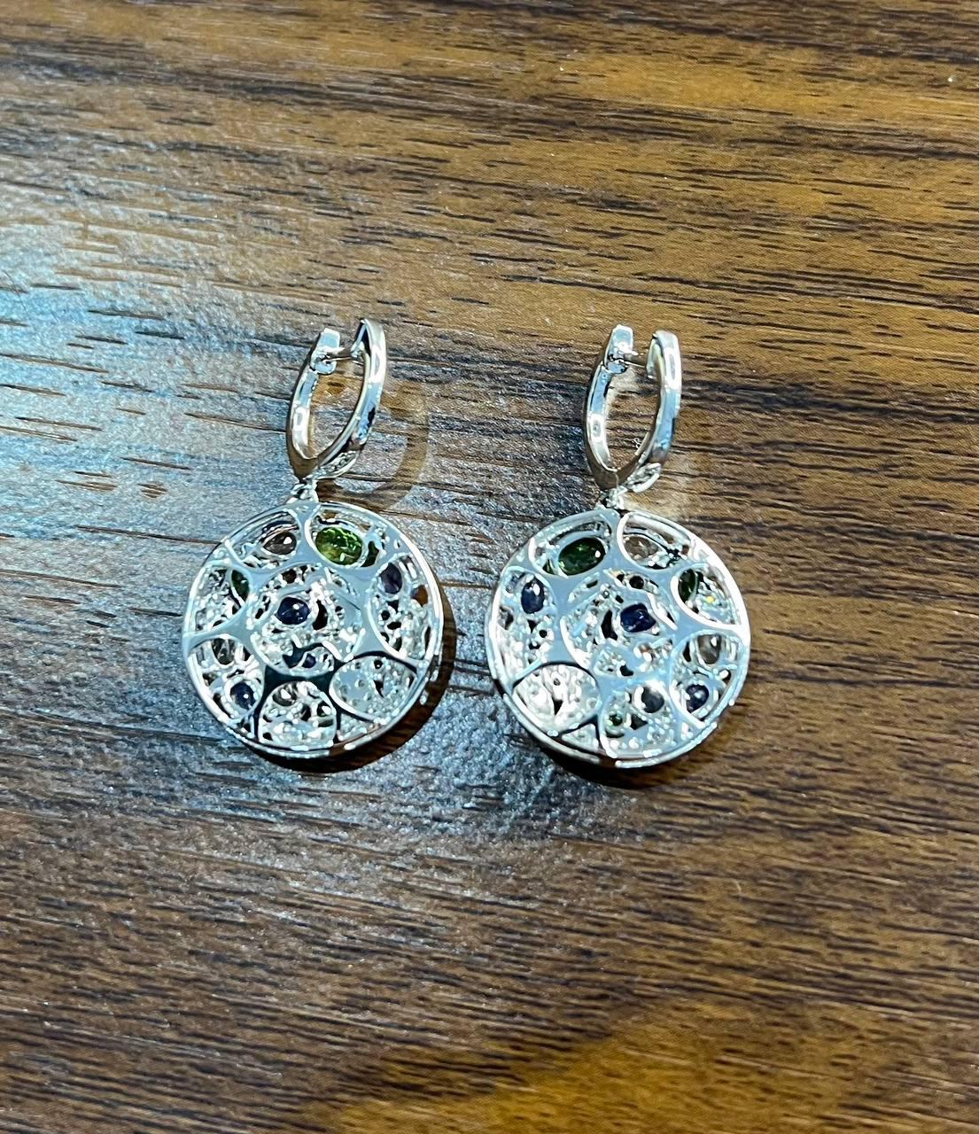 Blue Sapphire Green Emerald White Diamonds Planet Earth 14K White Gold Earrings For Sale 1