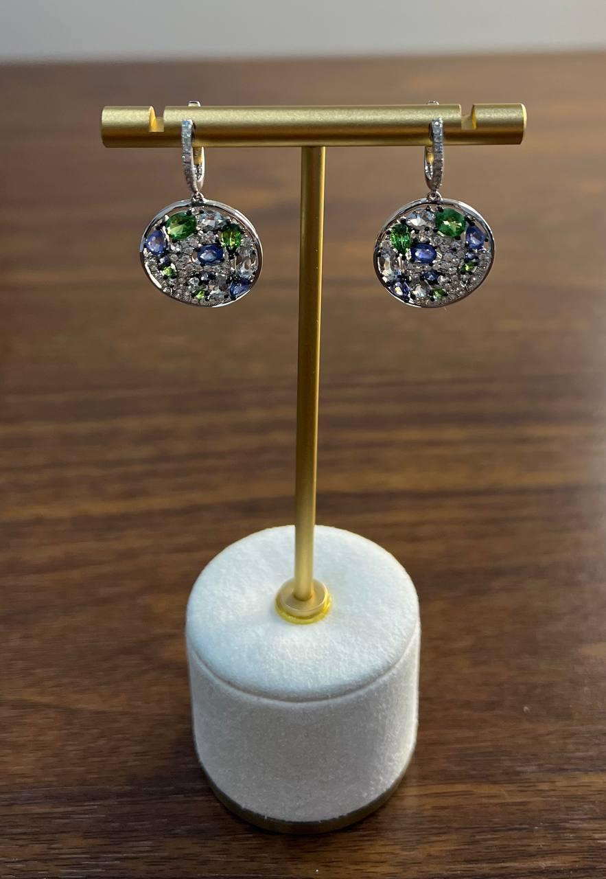 Blue Sapphire Green Emerald White Diamonds Planet Earth 14K White Gold Earrings For Sale 2