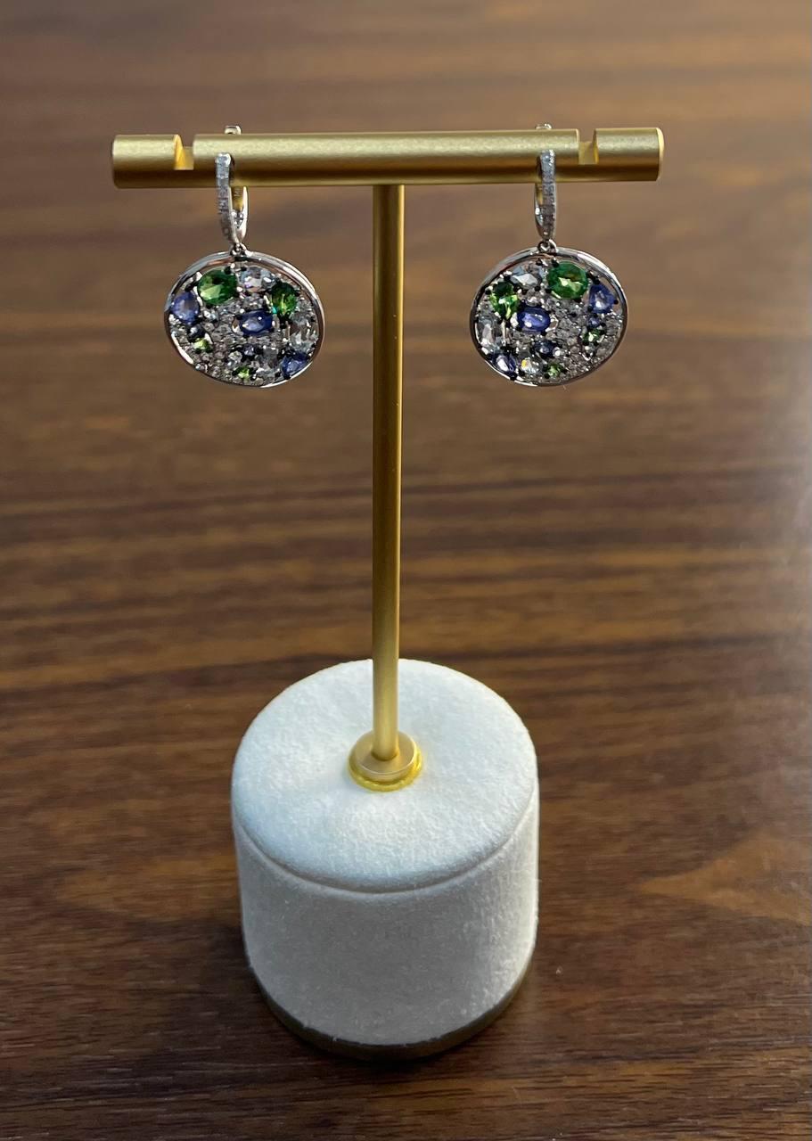 Blue Sapphire Green Emerald White Diamonds Planet Earth 14K White Gold Earrings For Sale 3