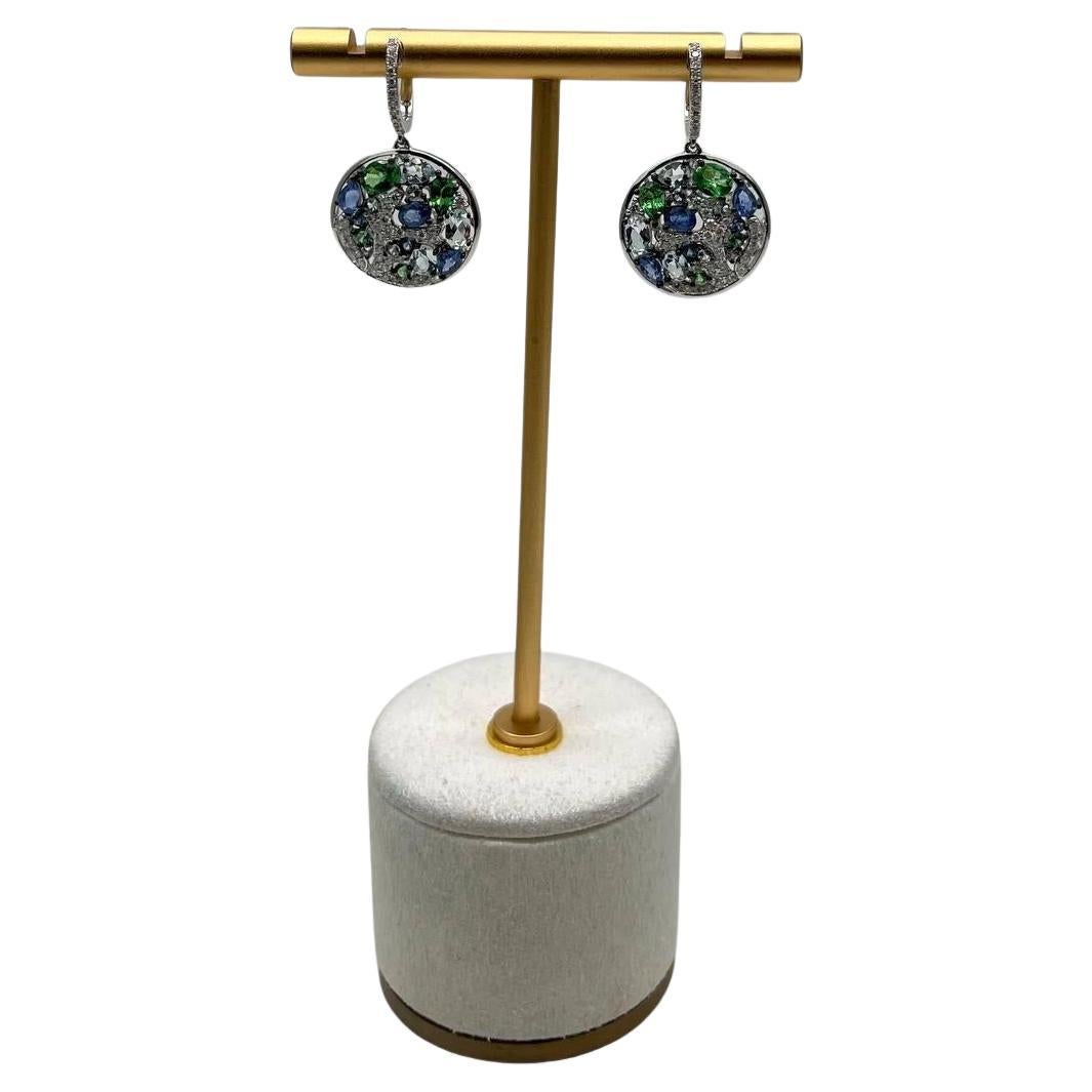 Blue Sapphire Green Emerald White Diamonds Planet Earth 14K White Gold Earrings For Sale