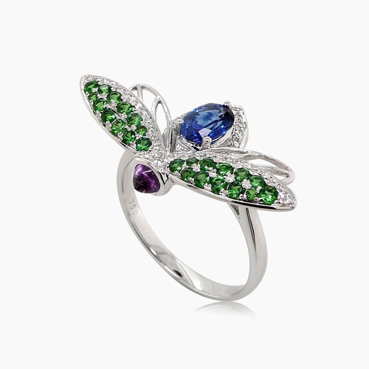 Mixed Cut Blue Sapphire Green Garnet & Diamond Pave Purple Sapphire White Gold Fly Ring For Sale