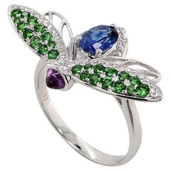 Blue Sapphire Green Garnet & Diamond Pave Purple Sapphire White Gold Fly Ring