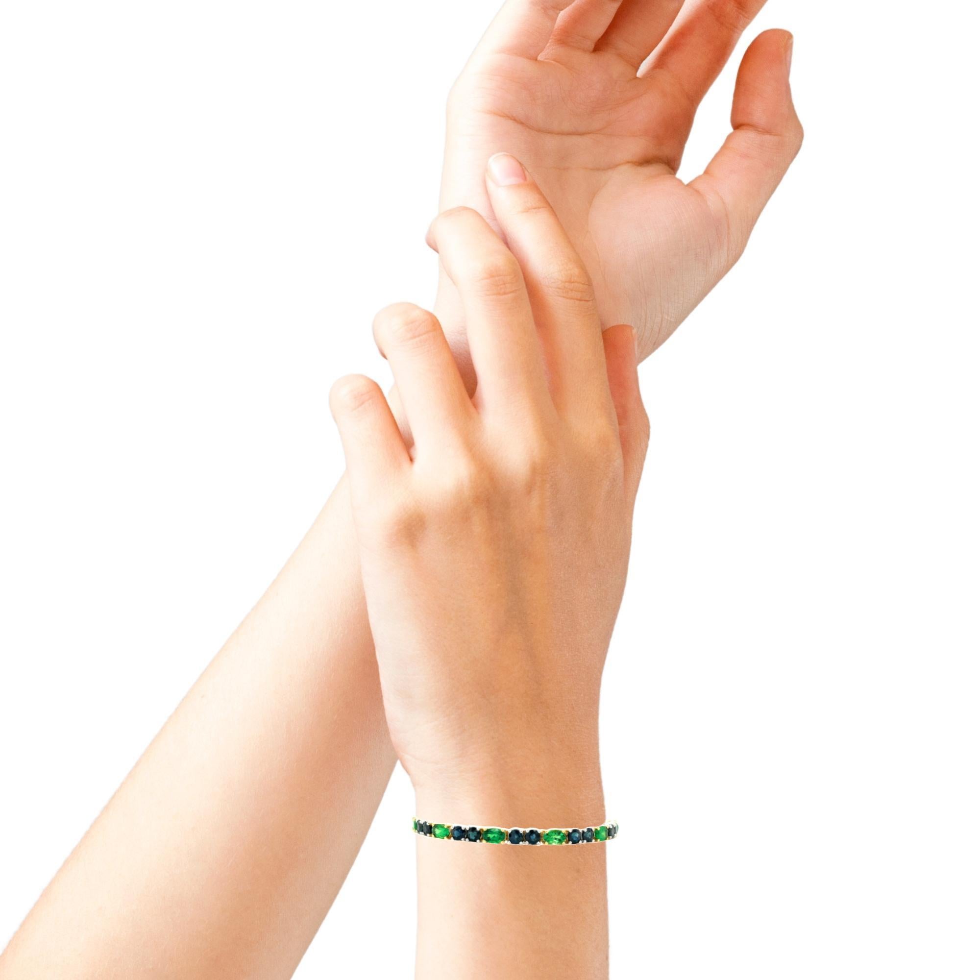 Blue Sapphire & Green Tsavorite Garnet, Yellow and White Gold Tennis Bracelet For Sale 6
