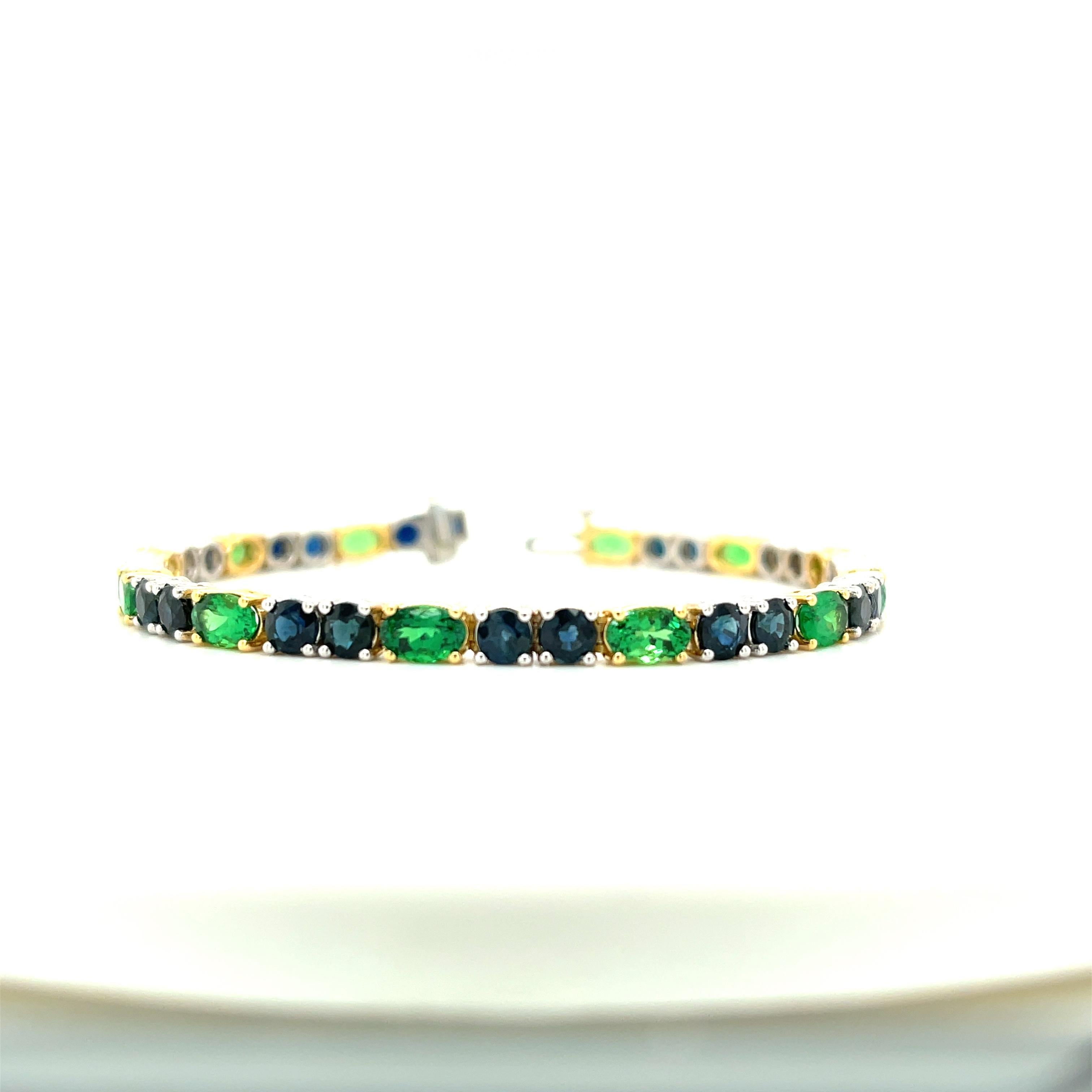 Blue Sapphire & Green Tsavorite Garnet, Yellow and White Gold Tennis Bracelet For Sale 7