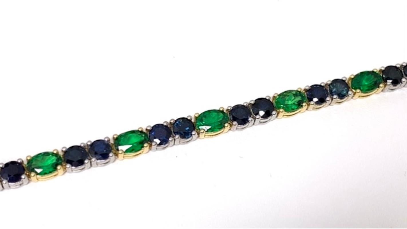 Artisan Blue Sapphire & Green Tsavorite Garnet, Yellow and White Gold Tennis Bracelet For Sale
