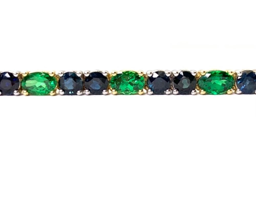 Oval Cut Blue Sapphire & Green Tsavorite Garnet, Yellow and White Gold Tennis Bracelet For Sale