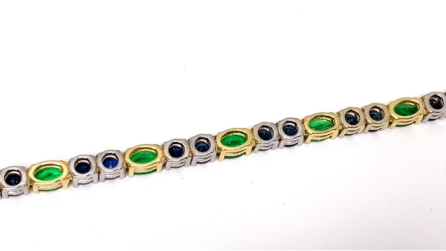 Blue Sapphire & Green Tsavorite Garnet, Yellow and White Gold Tennis Bracelet In New Condition For Sale In Los Angeles, CA