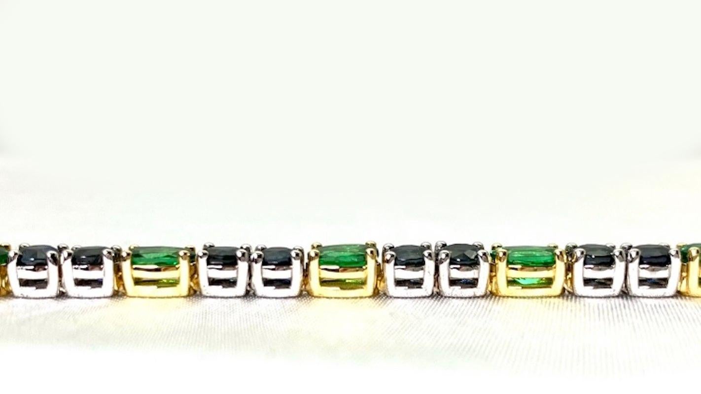 Women's Blue Sapphire & Green Tsavorite Garnet, Yellow and White Gold Tennis Bracelet For Sale