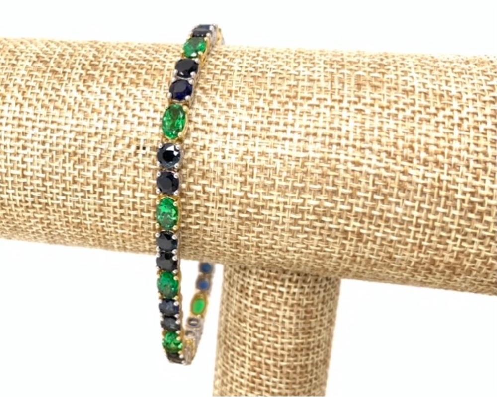 Blue Sapphire & Green Tsavorite Garnet, Yellow and White Gold Tennis Bracelet For Sale 1