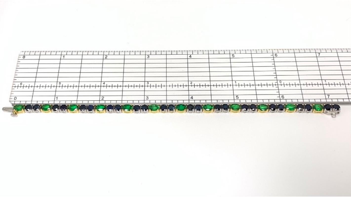Blue Sapphire & Green Tsavorite Garnet, Yellow and White Gold Tennis Bracelet For Sale 2