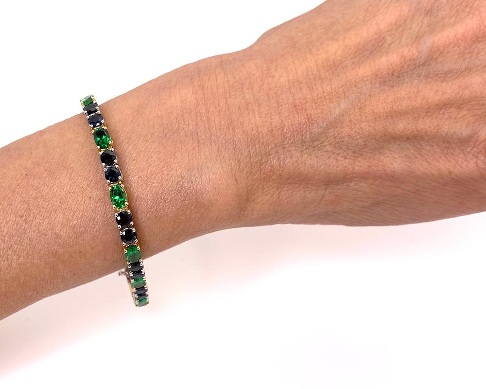Blue Sapphire & Green Tsavorite Garnet, Yellow and White Gold Tennis Bracelet For Sale 3