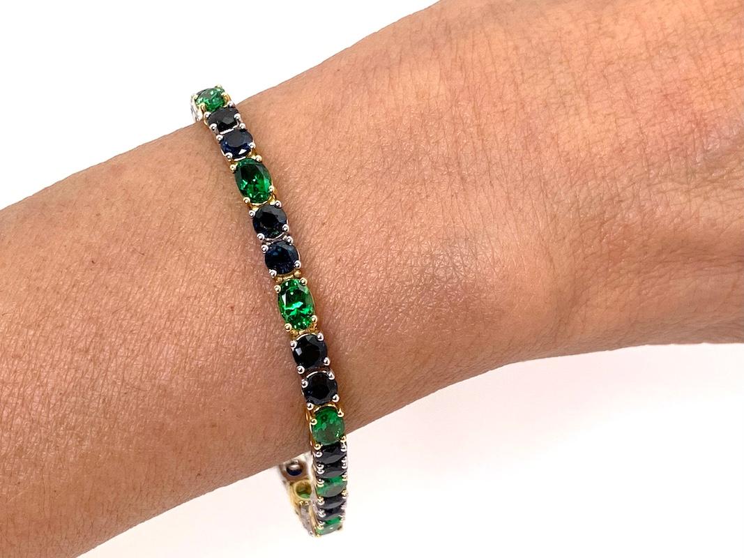 Blue Sapphire & Green Tsavorite Garnet, Yellow and White Gold Tennis Bracelet For Sale 4