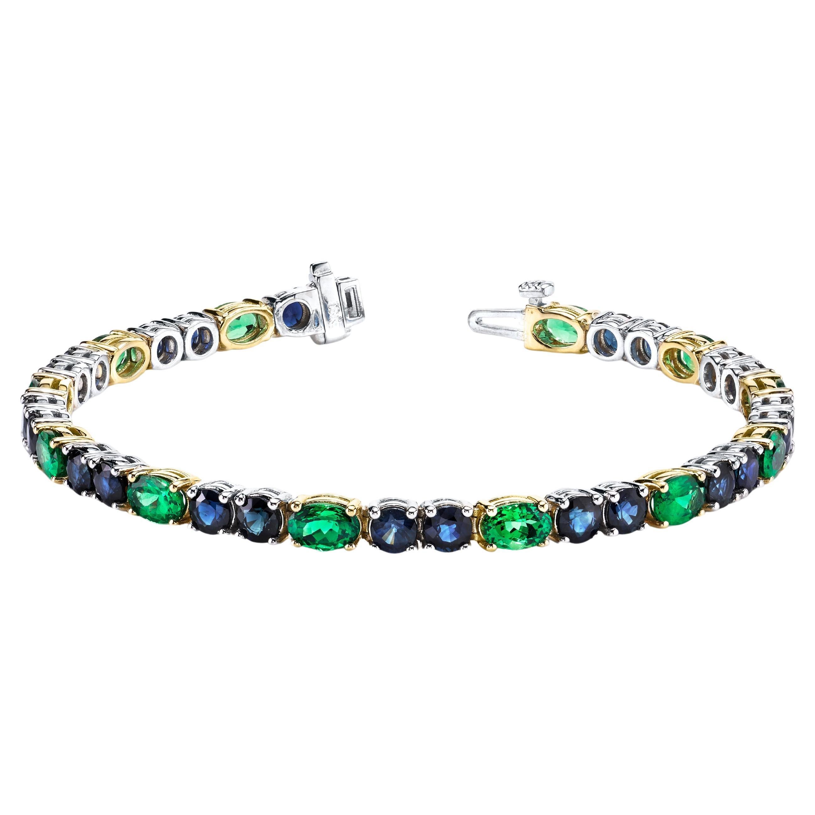 Bracciale tennis con zaffiro blu e granato verde di Tsavorite, oro giallo e bianco in vendita