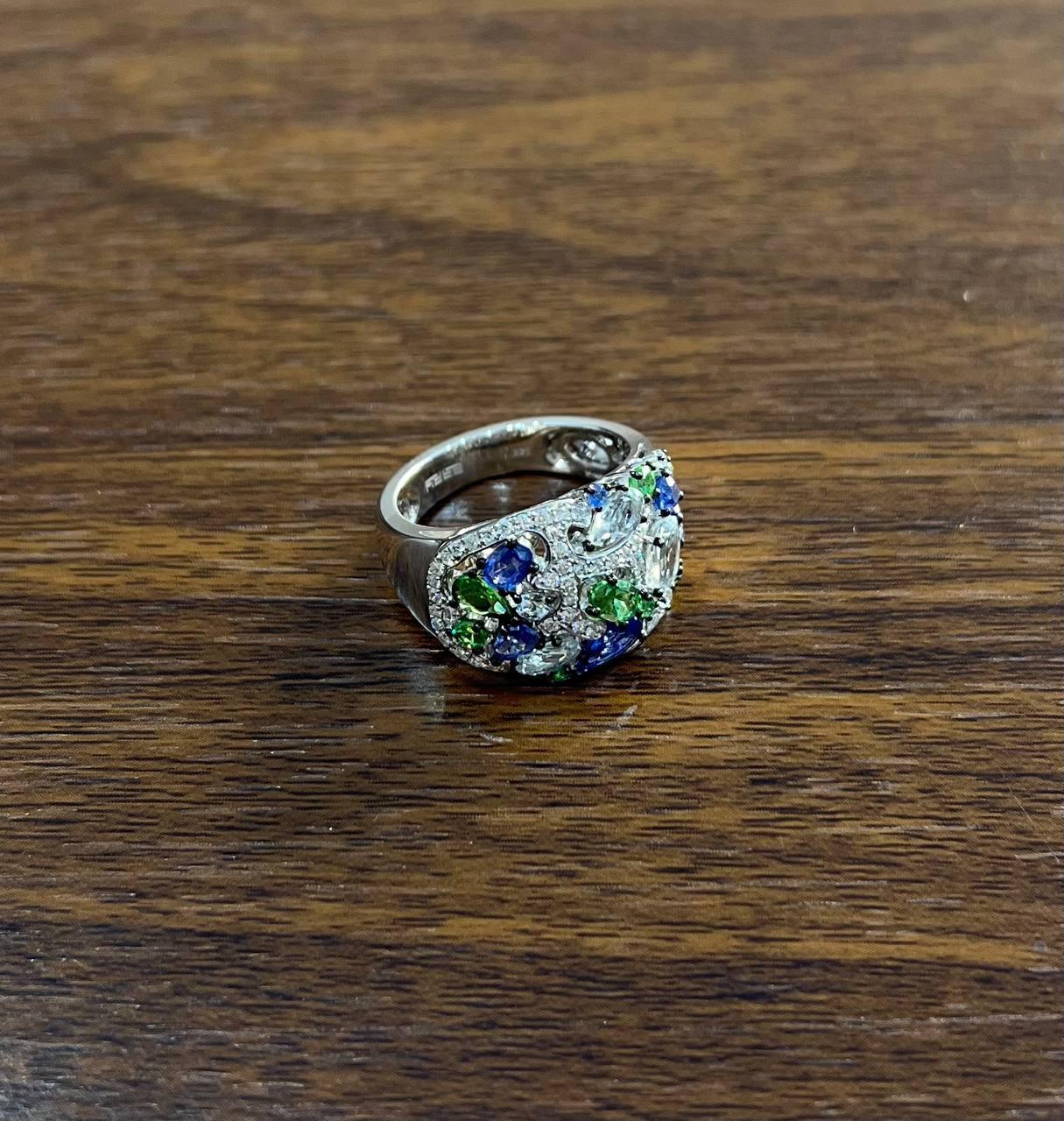 Blue Sapphire Green Tsavorite White Diamond Clusters White Gold Statement Ring In New Condition For Sale In Oakton, VA