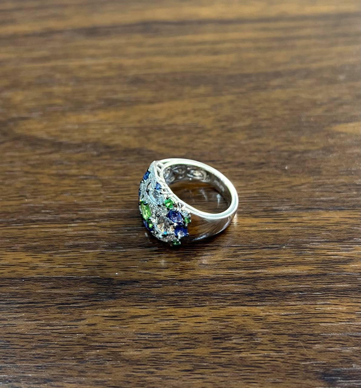 Women's Blue Sapphire Green Tsavorite White Diamond Clusters White Gold Statement Ring For Sale