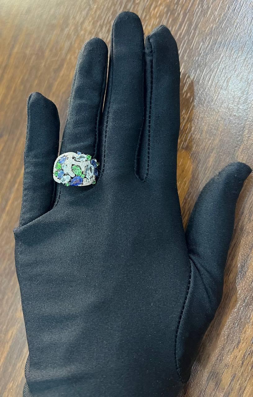 Blue Sapphire Green Tsavorite White Diamond Clusters White Gold Statement Ring For Sale 2