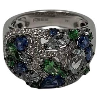 Blue Sapphire Green Tsavorite White Diamond Clusters White Gold Statement Ring For Sale