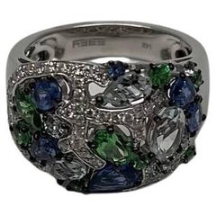 Blue Sapphire Green Tsavorite White Diamond Clusters White Gold Statement Ring
