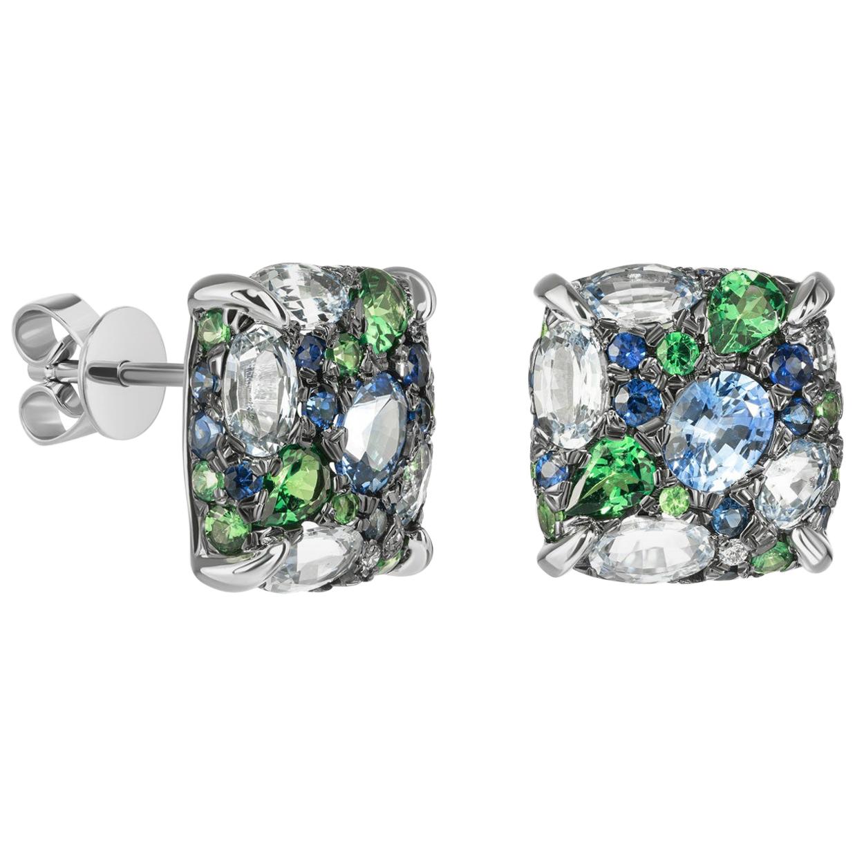 Blue Sapphire Green Tsavorite White Diamond White Gold Three-Stone Stud Earrings For Sale