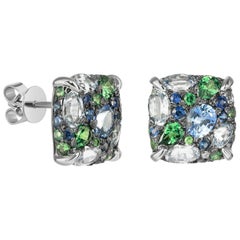 Blue Sapphire Green Tsavorite White Diamond White Gold Three-Stone Stud Earrings