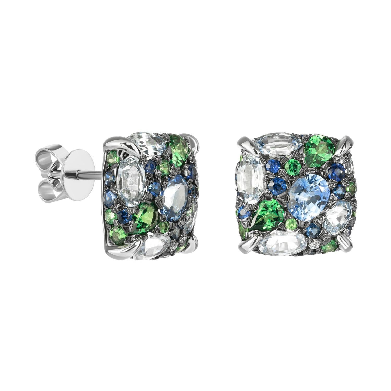 Round Cut Blue Sapphire Green Tsavorite White Diamond White Gold Three-Stone Stud Earrings For Sale