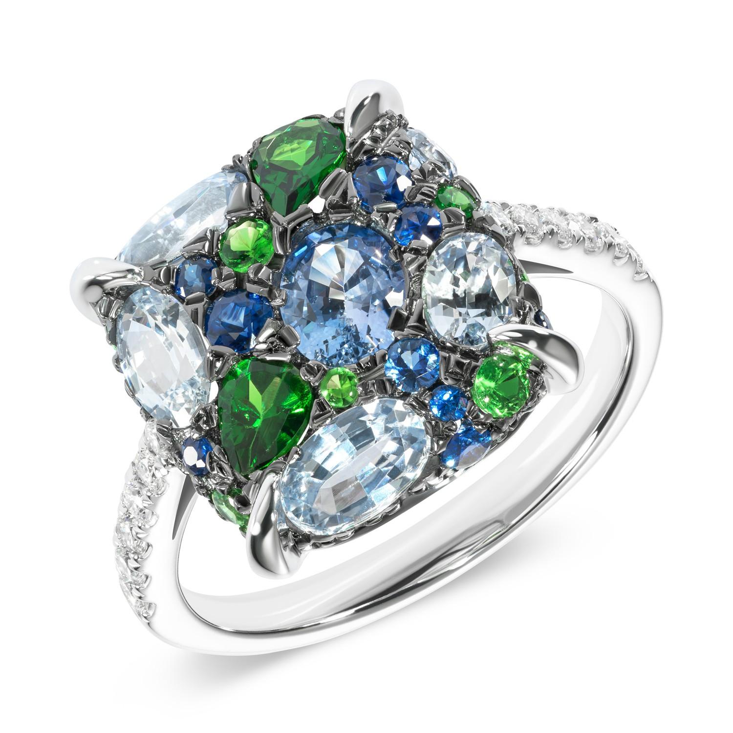 Round Cut Blue Sapphire Green Tsavorite White Diamond White Gold Three-Stone Stud Earrings For Sale