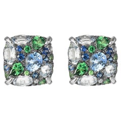 Blue Sapphire Green Tsavorite White Diamond White Gold Three-Stone Stud Earrings