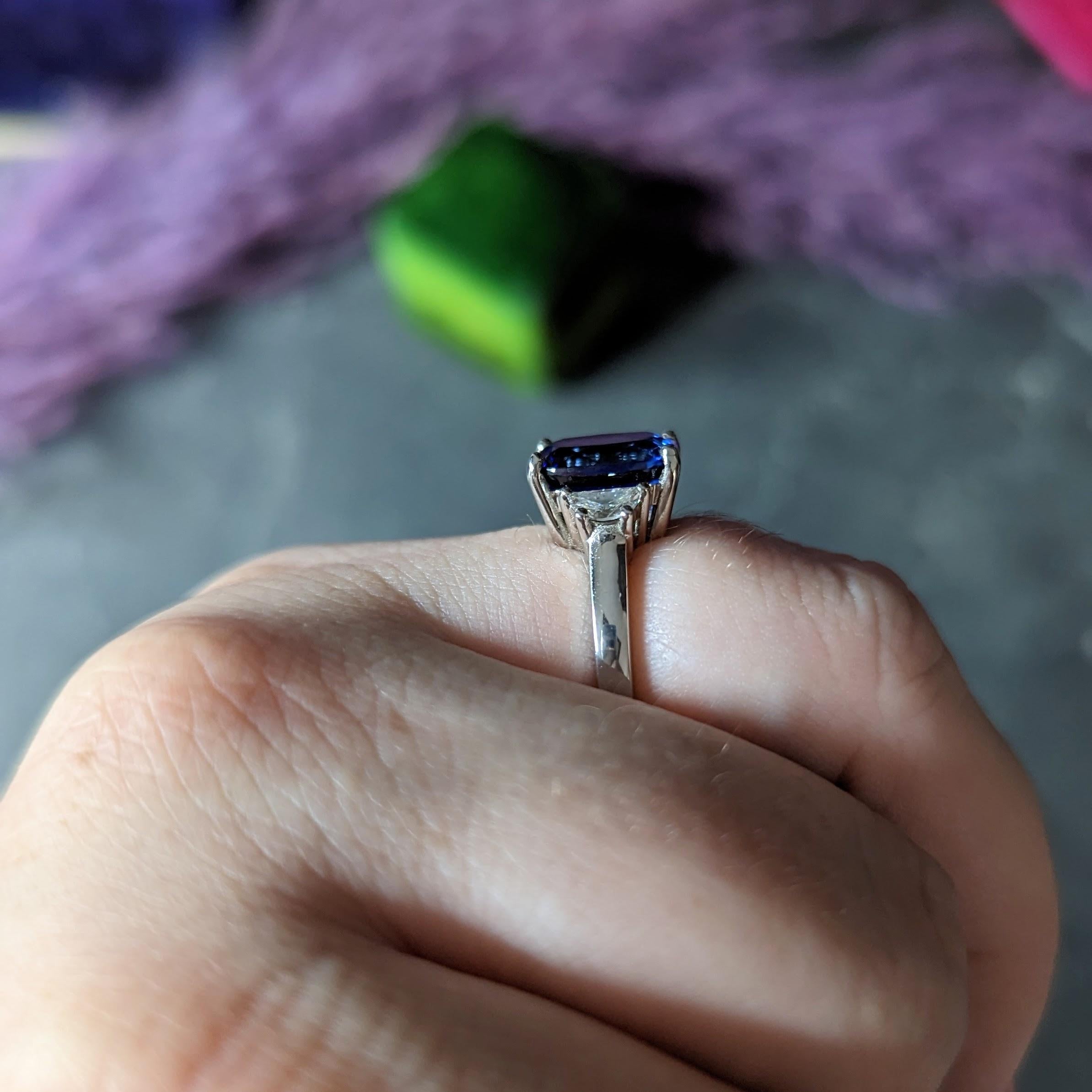 Blue Sapphire Half Moon Diamond 14 Karat White Gold Three-Stone Vintage Ring 5