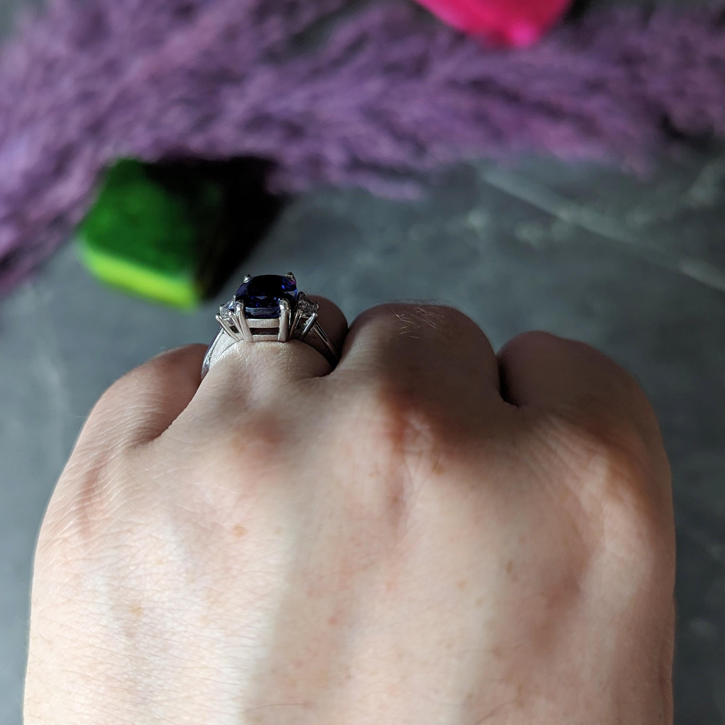 Blue Sapphire Half Moon Diamond 14 Karat White Gold Three-Stone Vintage Ring 6