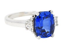 Blue Sapphire Half Moon Diamond 14 Karat White Gold Three-Stone Vintage Ring