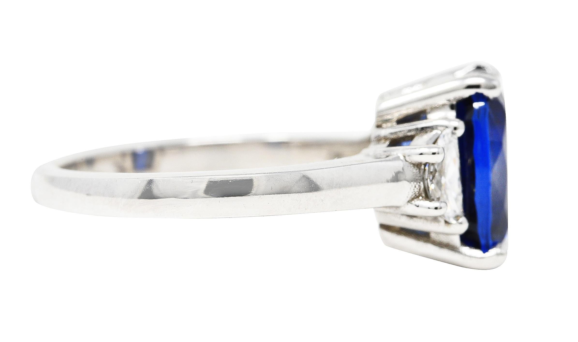 Contemporary Blue Sapphire Half Moon Diamond 14 Karat White Gold Three-Stone Vintage Ring